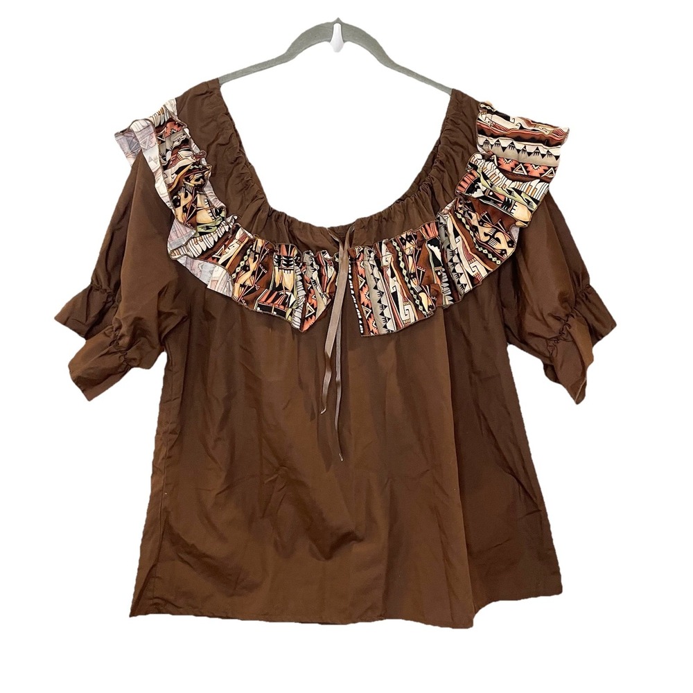 Mondiki Brown Ruffled Square Dance Blouse Top Southwestern Aztec Print‎ Size L